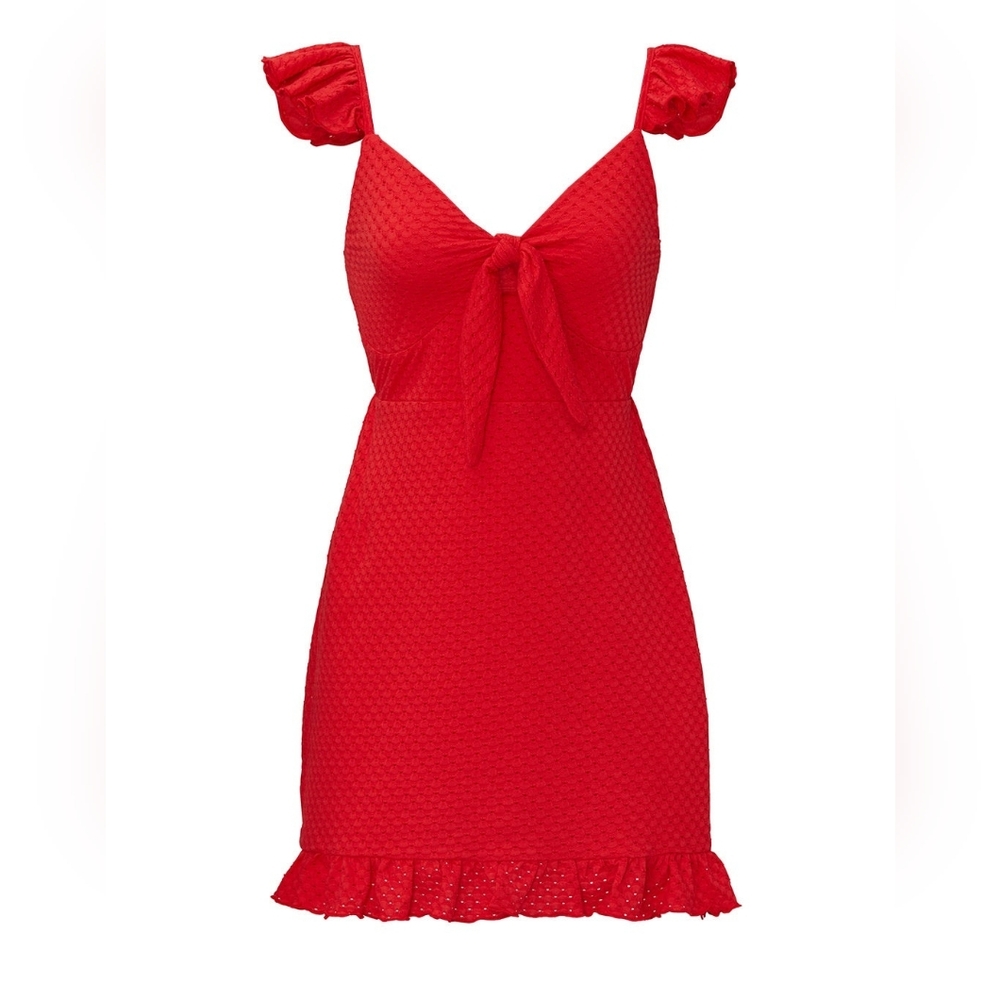 MINKPINK Laurel Tomato Red Eyelet Sleeveless V-neck Tie Front Mini Dress Size SM - Picture 2 of 16